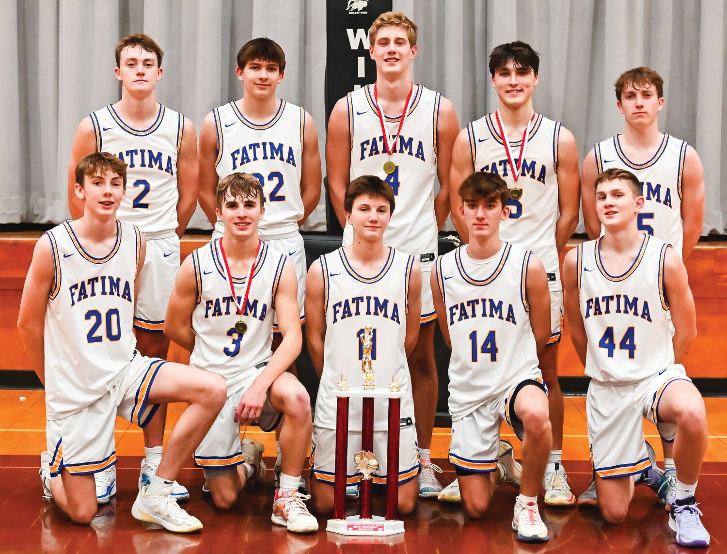Members of the Fatima Comets, who won the Linn Holiday Tournament are, from left to right, front row, Xavier Stuecken, Max Stuecken, Brody Troesser, Sam Struemph, and Jace Eisterhold; and in the back row, Matthew Robertson, Blake Kliethermes, Levi Robinson, Easton Haslag, and Logan Kliethermes.