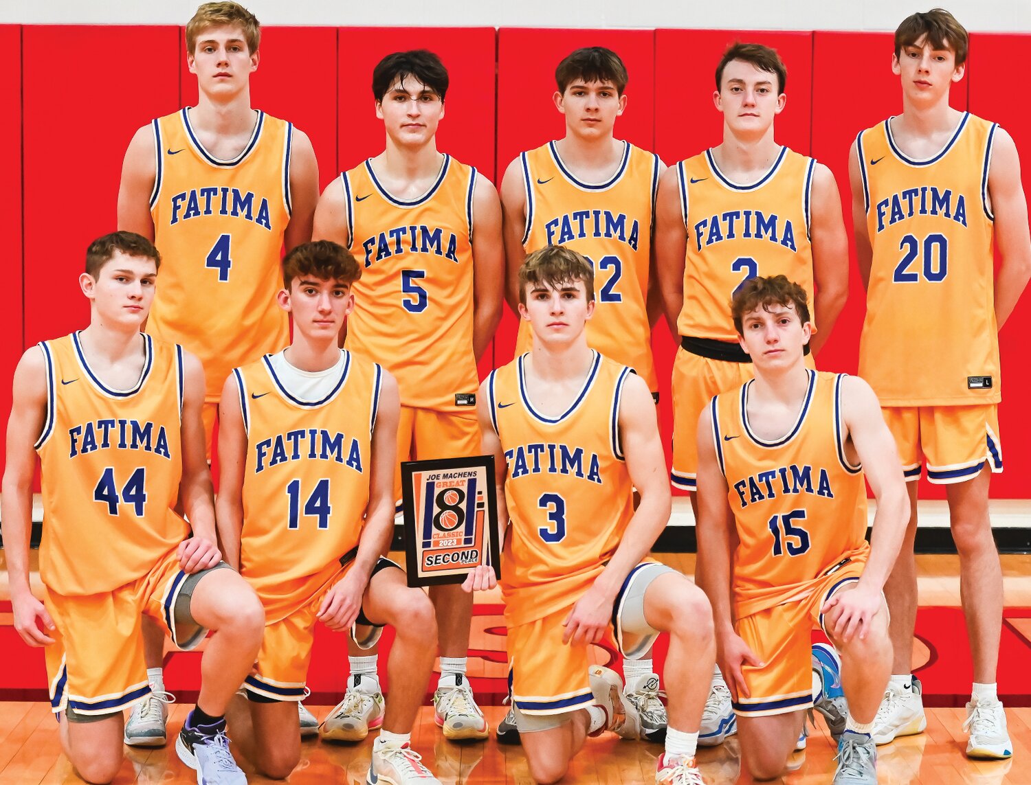 Fatima played to a second-place finish at last week’s Joe Machens Great 8 Classic in Jefferson City. Team members are, from left to right, front row, Jace Eisterhold, Sam Struemph, Max Stuecken, and Logan Kliethermes; and in the back row, Levi Robinson, Easton Haslag, Blake Kliethermes, Matthew Robertson, and Xavier Stuecken.