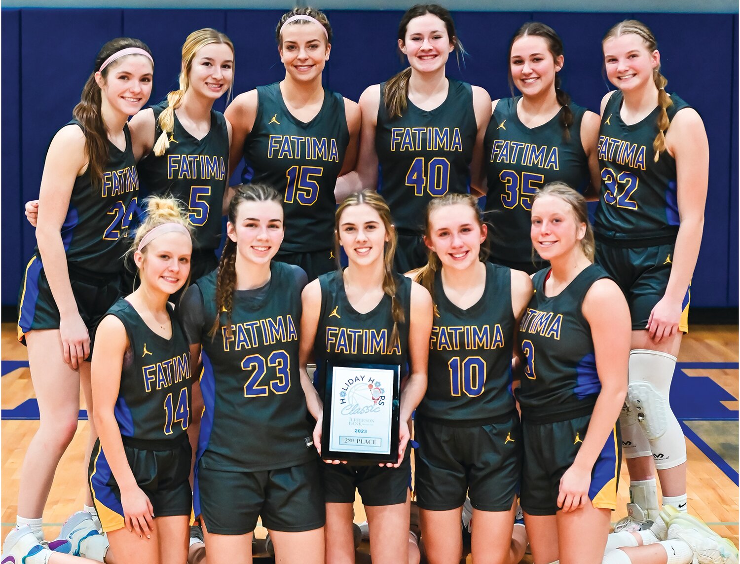 Fatima earned second place at last week’s Jefferson Bank Classic in Jefferson City. Team members are, from left to right, front row, Kaitlyn Plassmeyer, Vivian Bax, Natalie Wilbers, Alex Berhorst, and Kristen Robertson; and in the back row, Lucy Crede, Elise Dickneite, Alli Robertson, Adalyn Berhorst, Payton Wieberg, and Madelyn Backes.